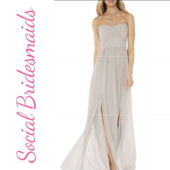 SOCIAL BRIDESMAIDS FORMAL STRAPLESS GEORGETTE A-LINE GOWN OYSTER GRAY, SIZE 2 - Picture 1 of 7